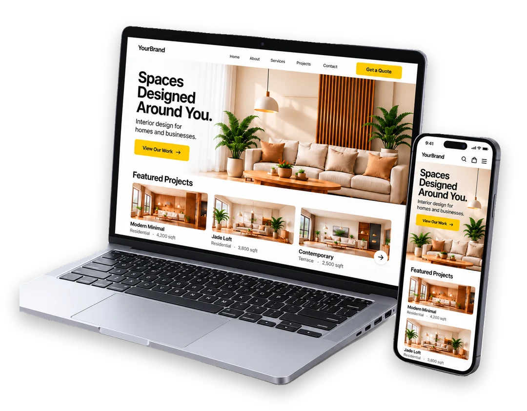 Interior design website shown on a laptop and phone