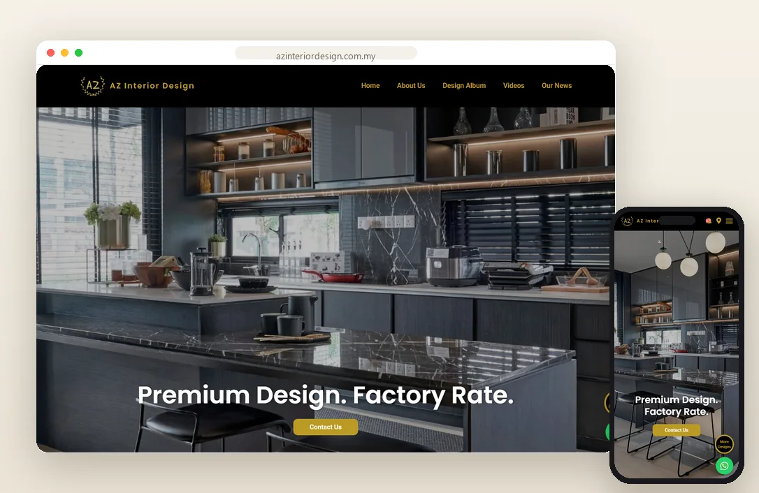 AZ Interior Design homepage on laptop and phone