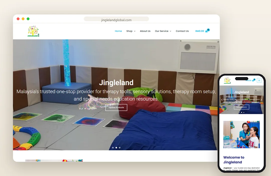 Jingleland Global homepage on laptop and phone