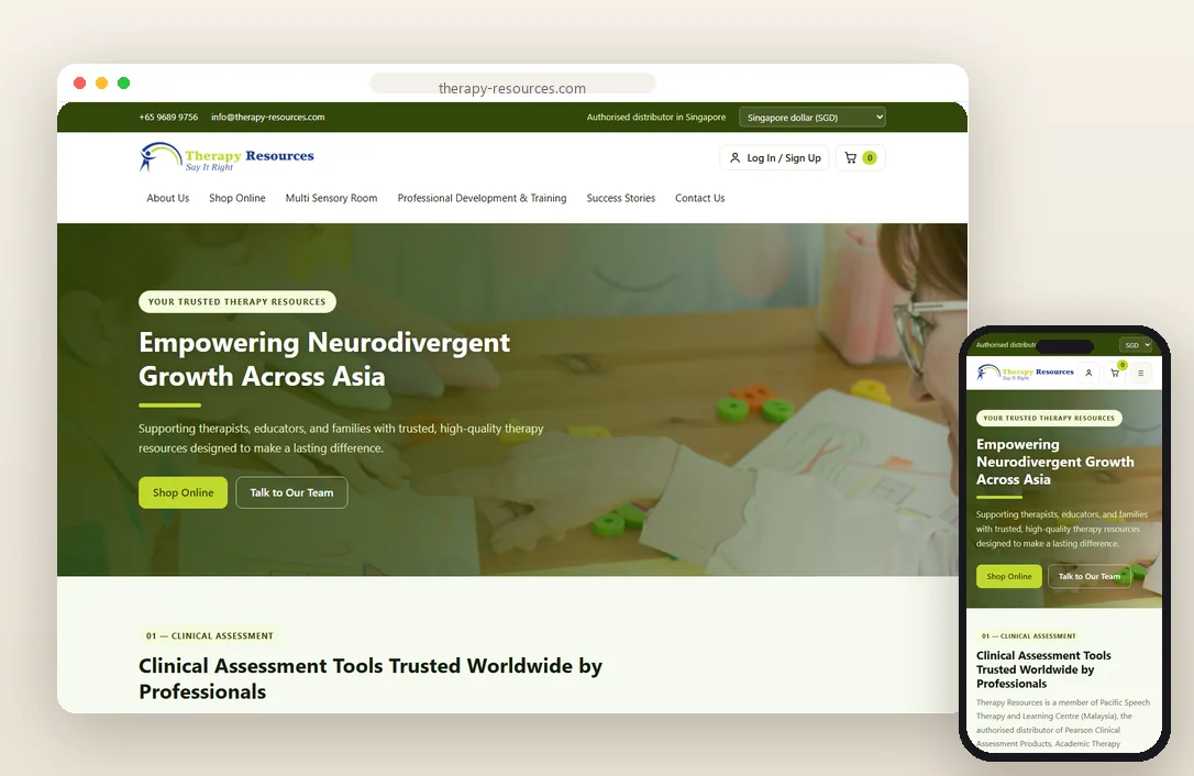 Therapy Resources homepage on laptop and phone