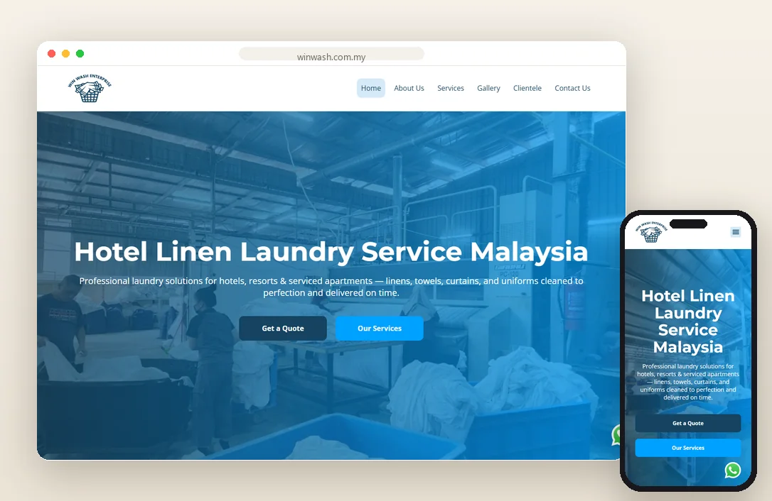 Win Wash homepage on laptop and phone