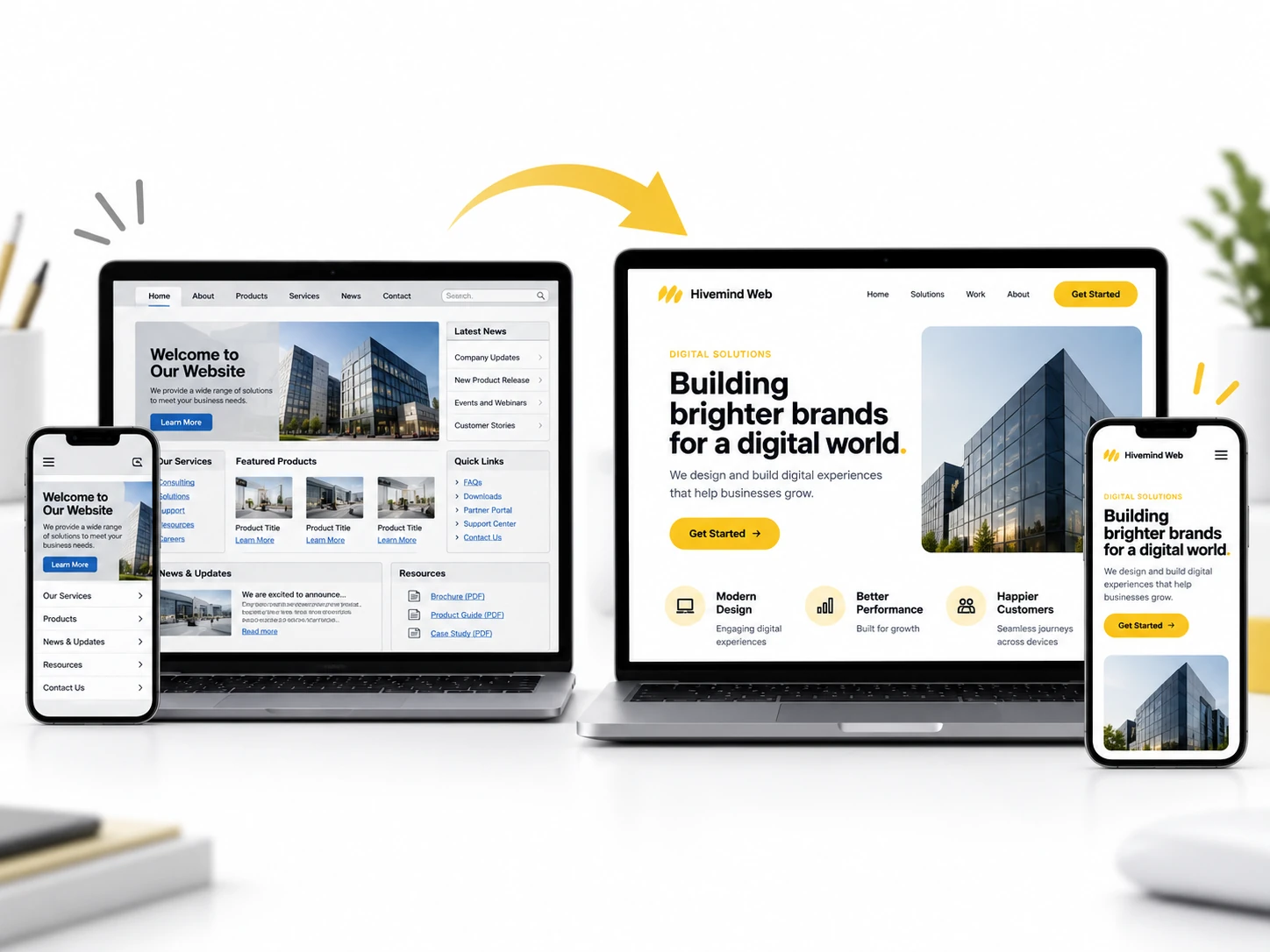 Before and after website redesign on a laptop